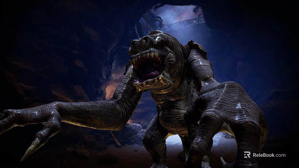 Game Movie Monster Character With Open Mouth Long Arms In Dark Cave Environment 3d model 