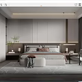 Modern Bedroom Interior Design With Bed Headboard Nightstands Rug Chair Curtains And Plant