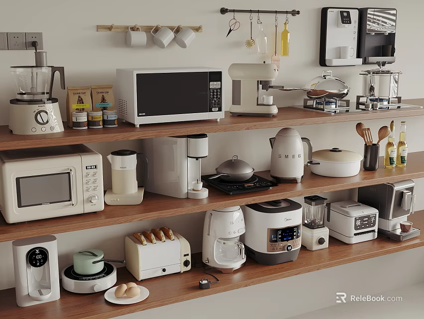 Organized Kitchen Shelves Displaying Microwave Coffee Maker Blender Toaster And Other Appliances 3d model 
