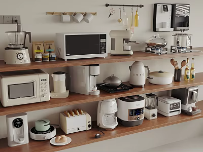 Organized Kitchen Shelves Displaying Microwave Coffee Maker Blender Toaster And Other Appliances 3d model