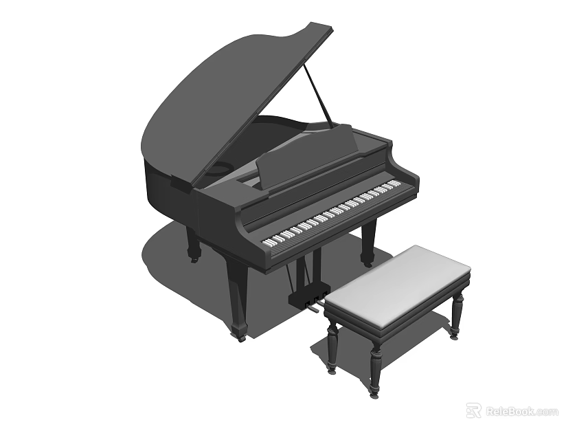 Classic Black Grand Piano With Matching Wooden Bench For Music Room 3d model 