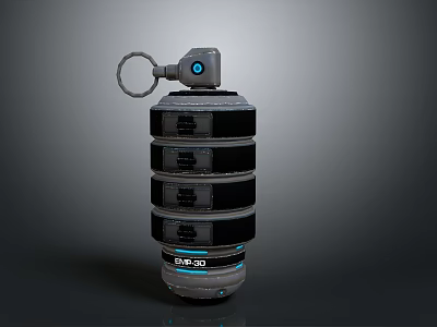 Black Grenade Weapon With Top Pin Multiple Layered Structure And EMP30 Label 3d model