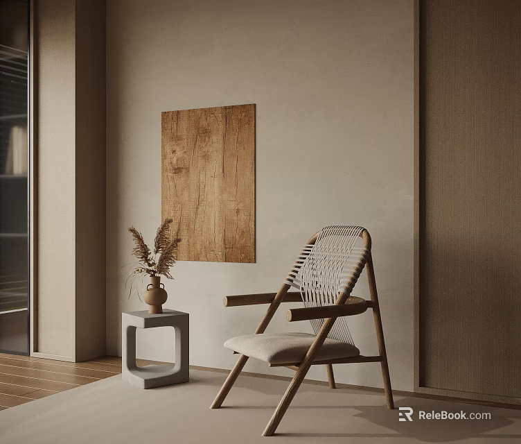 Modern Accent Chair With Woven Backrest Natural Wood Frame And Side Table Plant 3d model 