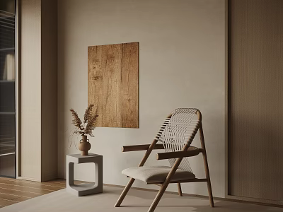 Modern Accent Chair With Woven Backrest Natural Wood Frame And Side Table Plant 3d model