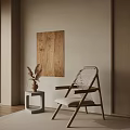 Modern Accent Chair With Woven Backrest Natural Wood Frame And Side Table Plant