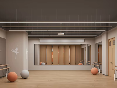 Modern Fitness Studio Interior With Mirrors Barres Exercise Balls And Wooden Floors 3d model