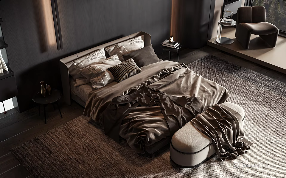 Modern Double Bed With Multiple Pillows Dark Duvet Bed End Ottoman And Cozy Rug 3d model 