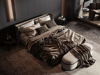 Modern Double Bed With Multiple Pillows Dark Duvet Bed End Ottoman And Cozy Rug 3d model