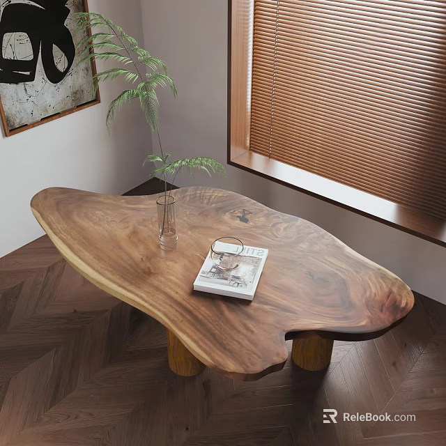Wooden Coffee Table With Natural Edge Glass Vase Green Plant And Magazine On Herringbone Floor 3d model 