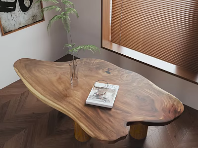 Wooden Coffee Table With Natural Edge Glass Vase Green Plant And Magazine On Herringbone Floor 3d model