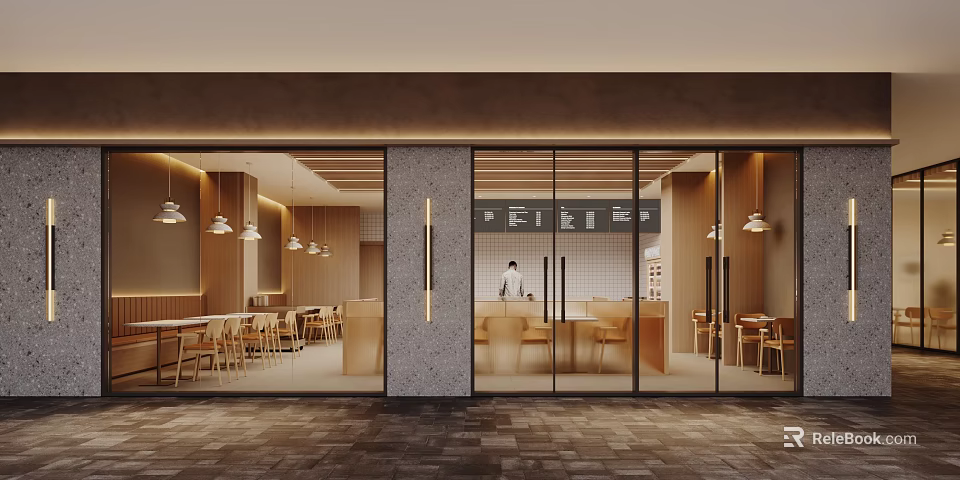 Modern Restaurant Interior Design With Glass Doors Wooden Tables Chairs Open Space And Warm Lighting 3d model 