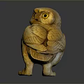 Yellow Wooden Owl Sculpture With Carved Feathers On Dark Background And Reflection