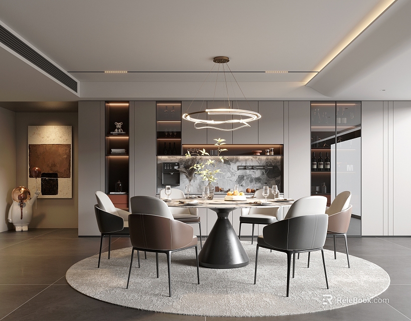 Modern Dining Room Interior Design With Round Table Chairs Hanging Pendant Light And Cabinets 3d model 