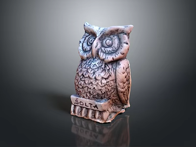 Bronze Colored Owl Sculpture With Detailed Feather Design Shiny Surface And SOLTA Inscribed Base 3d model