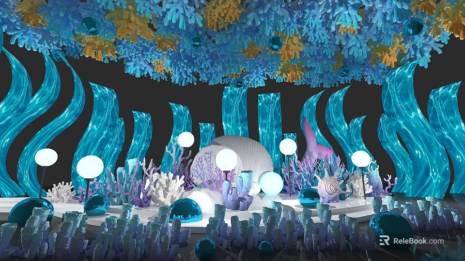 Colorful Underwater Themed Photo Spot With Blue Coral Decorations Wave Structures And White Sphere Lights 3d model 