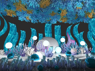 Colorful Underwater Themed Photo Spot With Blue Coral Decorations Wave Structures And White Sphere Lights 3d model