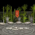 Cartoon Scene With Circular Dining Table Chairs Bamboo Red Flags And Green Plants