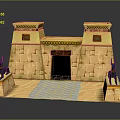 Cartoon Egyptian Themed Scene with Stone Brick Towers Gateway and Blue Statues on Carpet