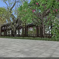 Beautiful Garden Landscape With Flowering Trees Wooden Pavilion Stone Pavement And Green Plants