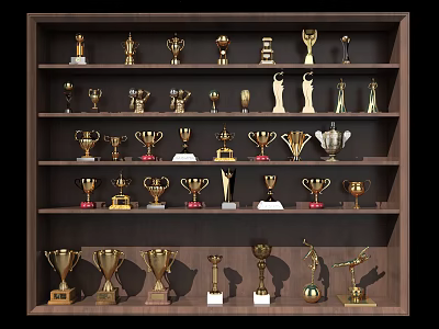 Various Designs of Golden Trophies Displayed on Wooden Shelves with Multiple Layers 3d model
