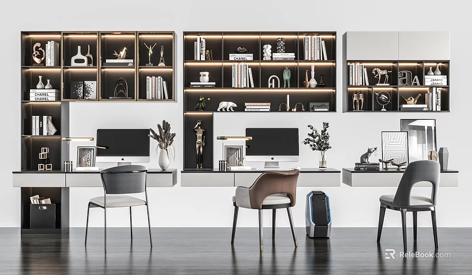 Modern Home Office Desk With Built in Bookshelves Computers Chairs And Decorative Plants 3d model 