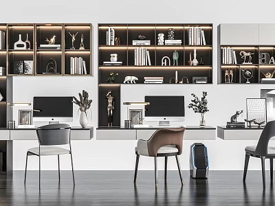 Modern Home Office Desk With Built in Bookshelves Computers Chairs And Decorative Plants 3d model
