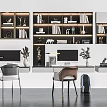Modern Home Office Desk With Built in Bookshelves Computers Chairs And Decorative Plants