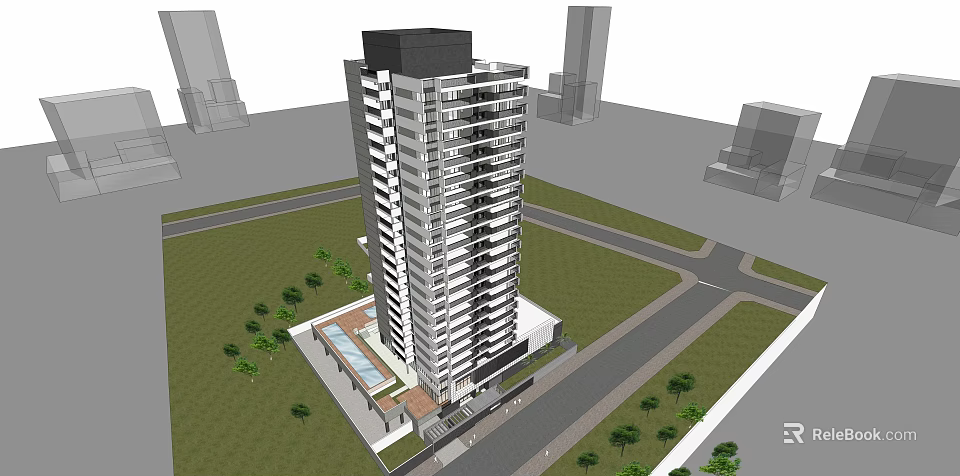 Modern High Rise Building Design With Surrounding Greenery Road And Water Feature 3d model 