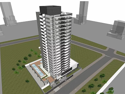 Modern High Rise Building Design With Surrounding Greenery Road And Water Feature 3d model