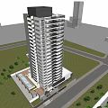 Modern High Rise Building Design With Surrounding Greenery Road And Water Feature