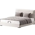 Modern Double Bed With Beige Upholstered Headboard And Gray Velvet Quilted Bedding