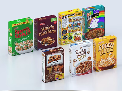 Display of Various Breakfast Cereals With Colorful Packaging And Different Flavors 3d model