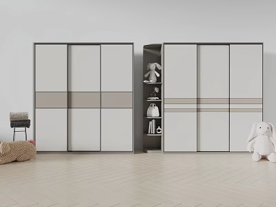 Modern Sliding Door Wardrobe Featuring Central Open Shelf Storage On Light Wood Floor 3d model