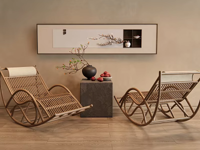 Natural Wicker Rocking Chairs In Modern Living Space With Decorative Painting And Side Table 3d model