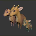 Three Cute Cartoon 3D Model Deer With Brown Fur And Pink Ears On Dark Background