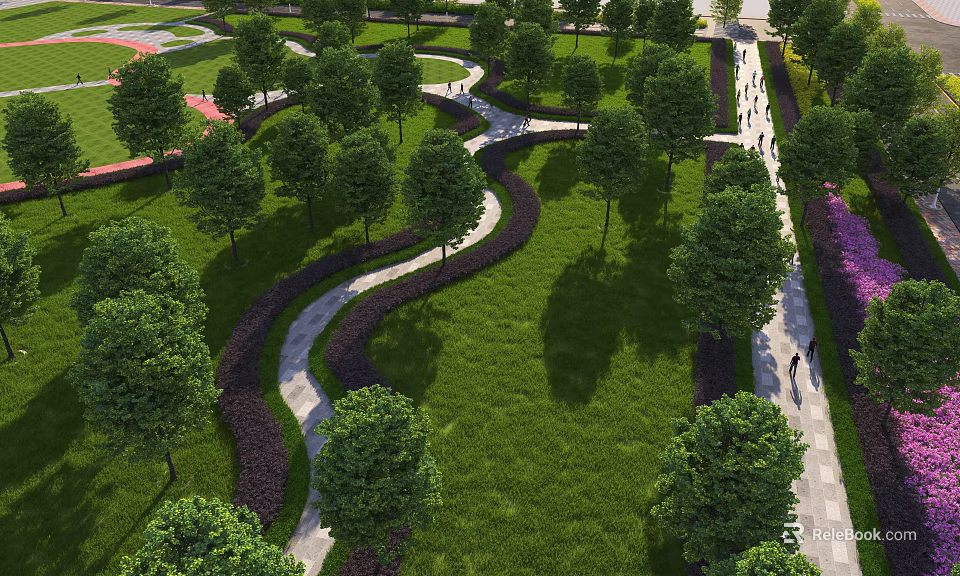 Lush Green Park With Winding Paths Lush Trees And Expansive Grass Lawn 3d model 