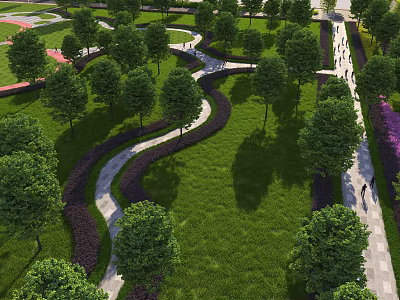 Lush Green Park With Winding Paths Lush Trees And Expansive Grass Lawn 3d model