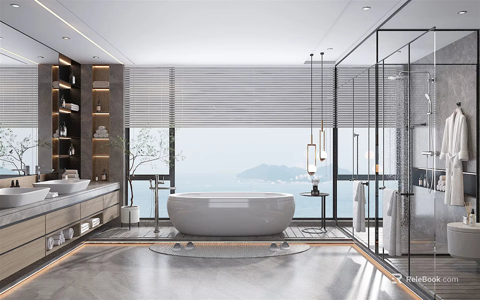Modern Bathroom Interior Design With White Bathtub Large Window Blinds Glass Shower And Storage Shelves 3d model 
