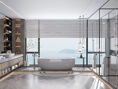 Modern Bathroom Interior Design With White Bathtub Large Window Blinds Glass Shower And Storage Shelves 3d model