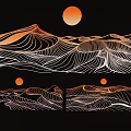 Abstract Mountain Range Silhouette Art With Orange Sun And Wavy Lines