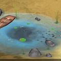 Tranquil Natural Pond Scene Featuring Wooden Boat Lily Pads Small Fish Rocks And Reeds