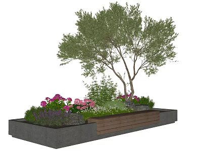 Outdoor Chair In Garden Space With Olive Tree Colorful Flowers And Wooden Concrete Planter 3d model