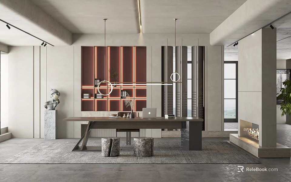 Modern Study Room Interior Design With Wooden Desk Bookshelf Pendant Lighting And Decor Items 3d model 