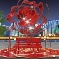 Giant Red Rose Sculpture Illuminated At Night With City Skyline And People Around