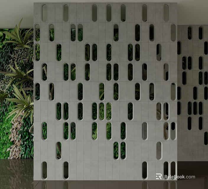 Perforated Concrete Room Divider With Various Shaped Holes And Green Plant Wall 3d model 