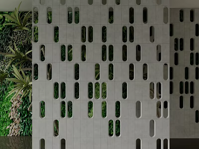 Perforated Concrete Room Divider With Various Shaped Holes And Green Plant Wall 3d model