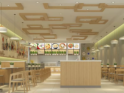 Modern Restaurant Interior With Wooden Ceiling Design Hanging Pendant Lights Menu Displays And Dining Tables 3d model