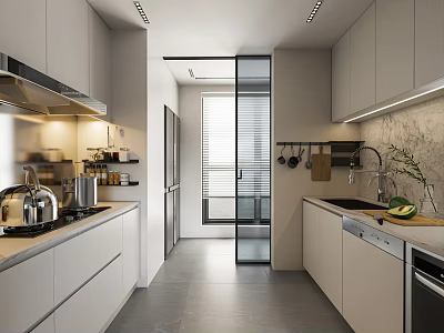 Modern Kitchen Interior With White Cabinets Gray Flooring Glass Sliding Door And Countertop 3d model