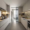 Modern Kitchen Interior With White Cabinets Gray Flooring Glass Sliding Door And Countertop