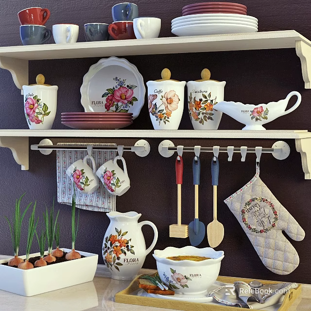 Floral Patterned Kitchenware Display On Shelves With Mugs Spatulas Oven Mitt And Bowls 3d model 